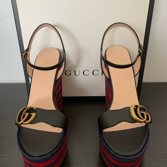 WOMENS GUCCI MARMONT LIFFORD BLACK LEATHER HEEL PLATFORM ESPADRILLE WEDGE SIZE 7 - Picture 2 of 9